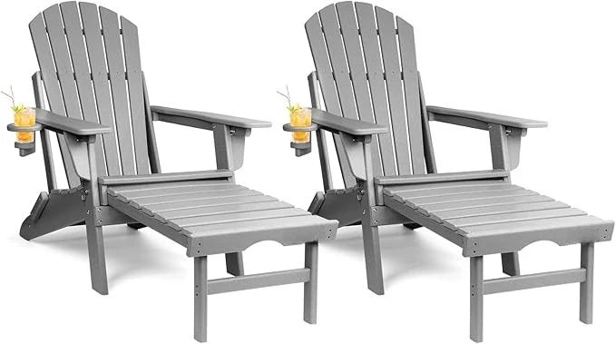 Adjustable Folding Adirondack Chairs Set of 2 with Ottoman Cup Holder