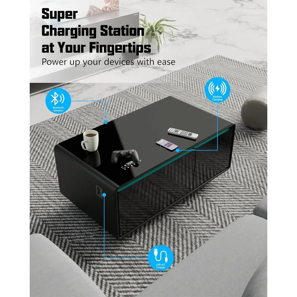 Smart Coffee Table with Built-in Fridge Speakers Wireless Charging USB Ports