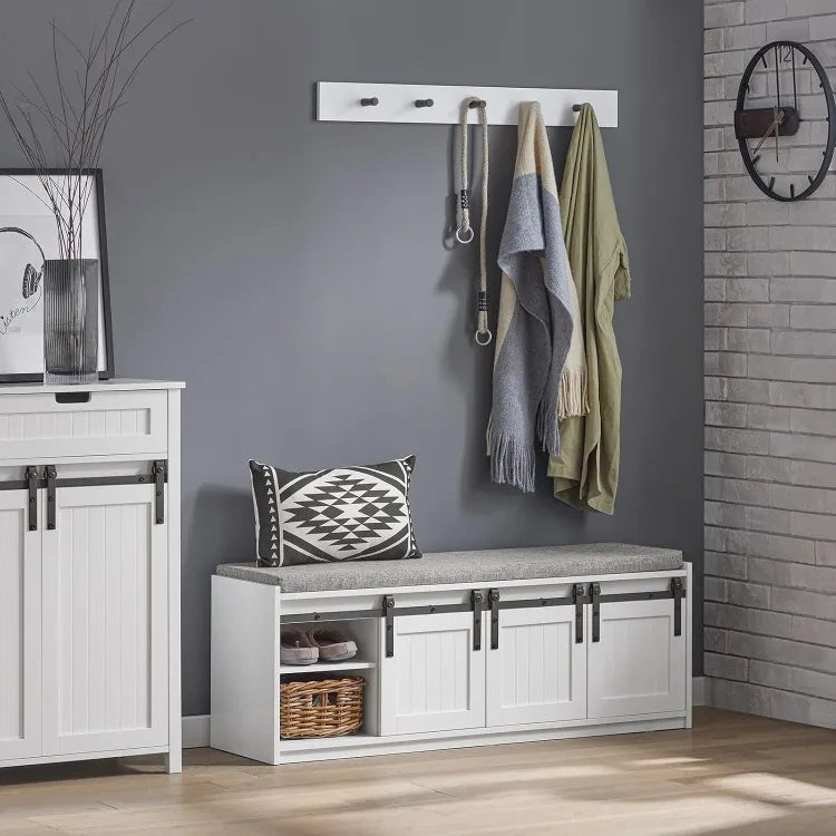 White Rustic Storage Bench with Sliding Barn Doors and Cushion