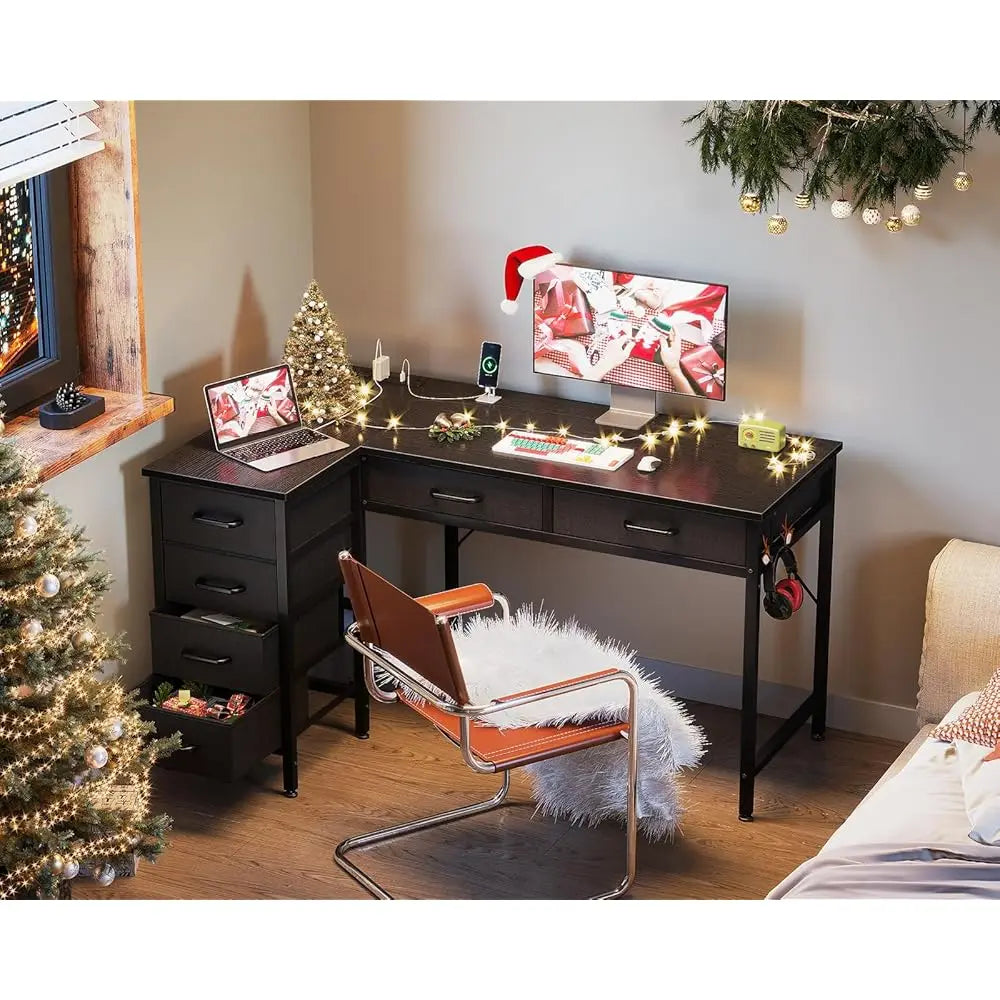 L Shaped Desk With Drawers Power Outlets Reversible Home Office Desk