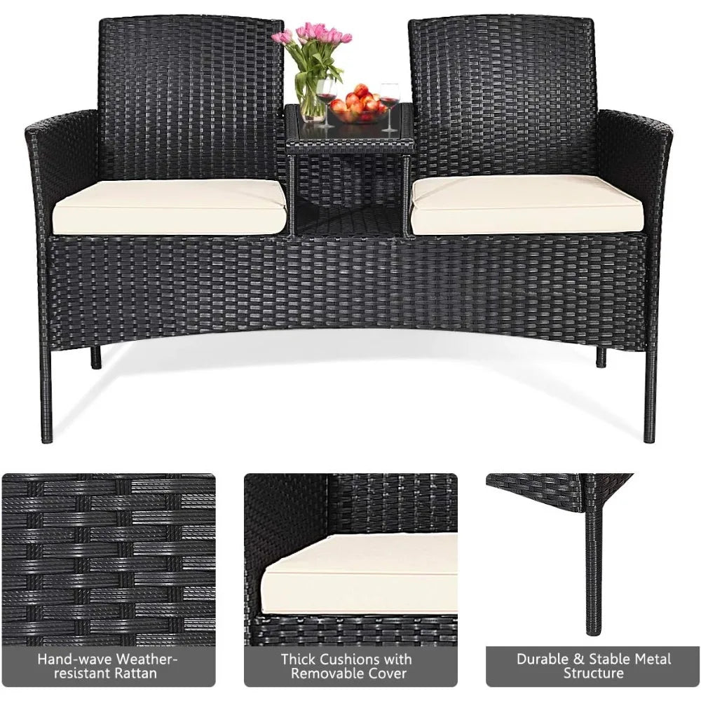 Garden Conversation Furniture Set Modern Rattan Bench with Cushions