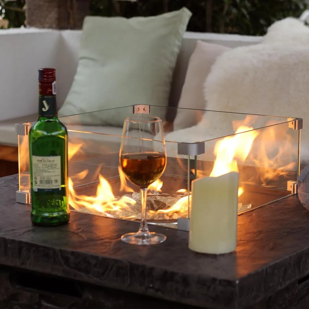 32 Inch Square Outdoor Propane Fire Pit Table with Glass Wind Guard