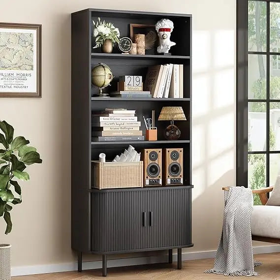 71 Inch Tall 4 Tier Bookshelf with Storage Cabinet Adjustable Shelves