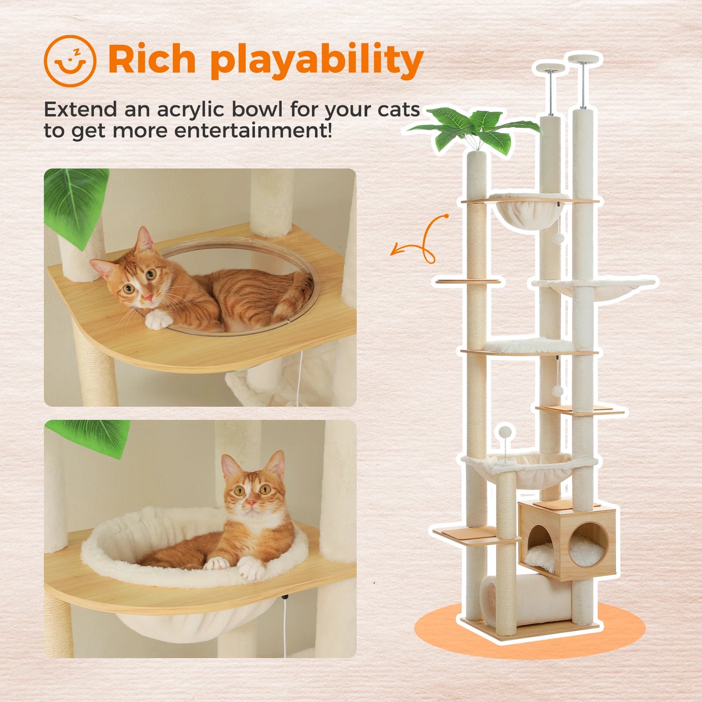 Floor to Ceiling Cat Tree Adjustable Height Wooden Tower with Scratching Posts