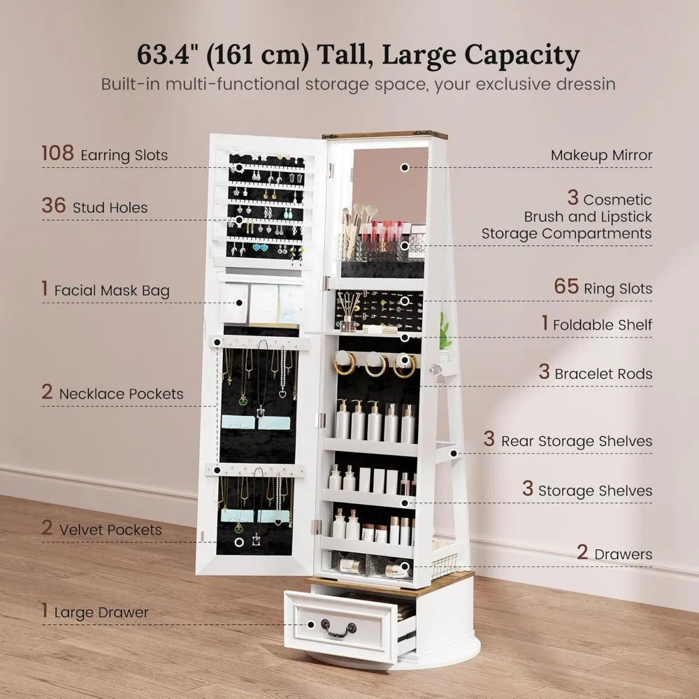 LED Mirror Jewelry Cabinet 360° Swivel Armoire Full Length Storage