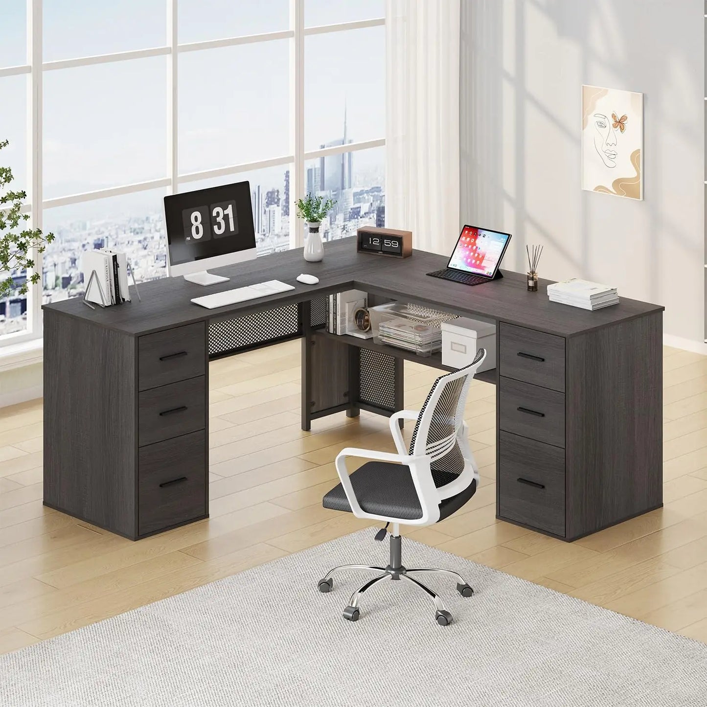 L Shaped Desk Reversible Corner Computer Desk with Storage Drawers