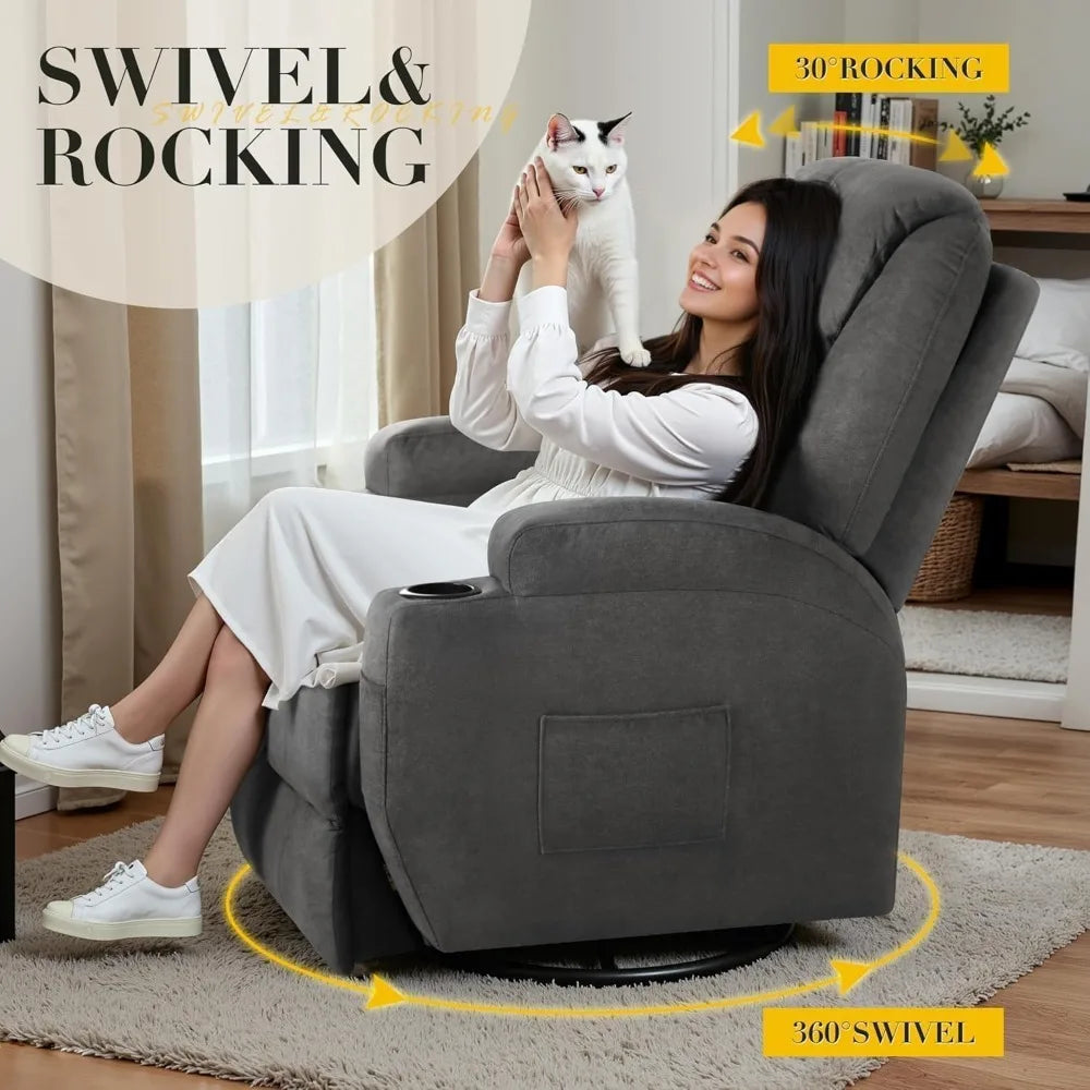 Recliner Chair 360° Swivel Rocker Massage Chair with Cup Holders Pockets