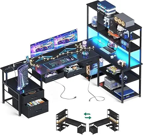 L Shaped Desk with File Drawers Gaming Desk with Power Outlets LED Lights