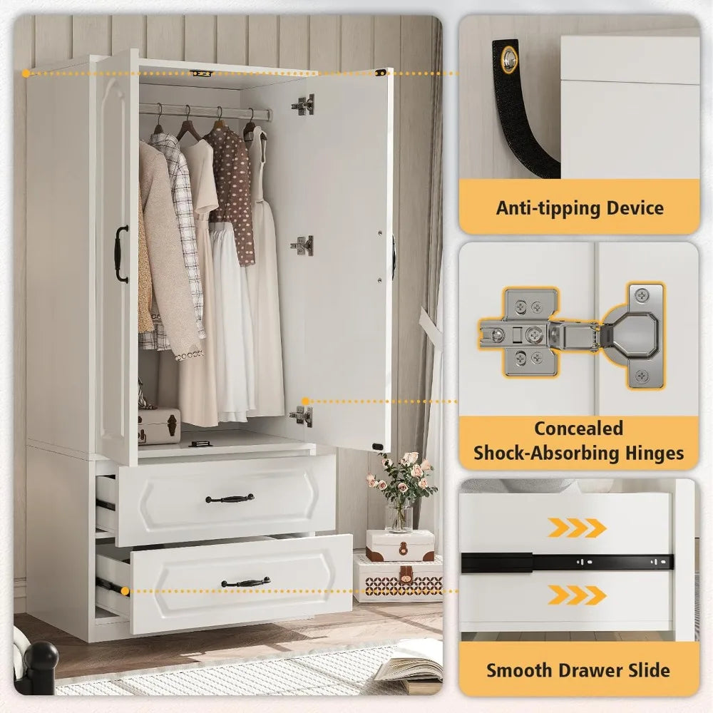 Large Wooden Wardrobe Closet with Drawers and Hanging Rod 70 Inch