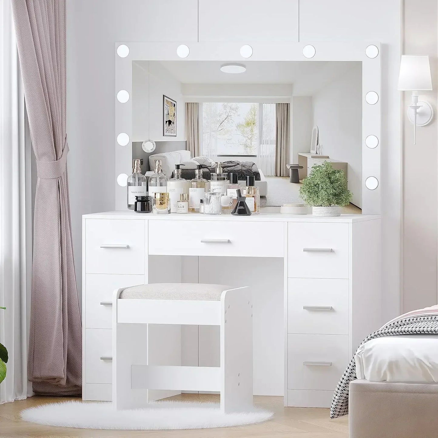 Ljustra Vanity Desk With Stool Lighted Mirror Adjustable Brightness