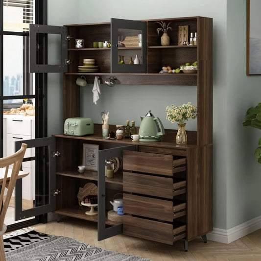 Tall Kitchen Pantry Cabinet with 4 Drawers Doors Microwave Stand