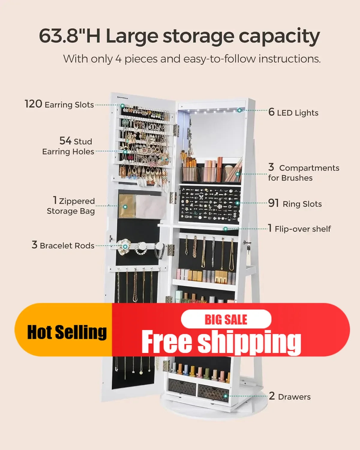 Ljustra 6 LED Lockable Mirror Jewelry Cabinet 360° Swivel Organizer Armoire