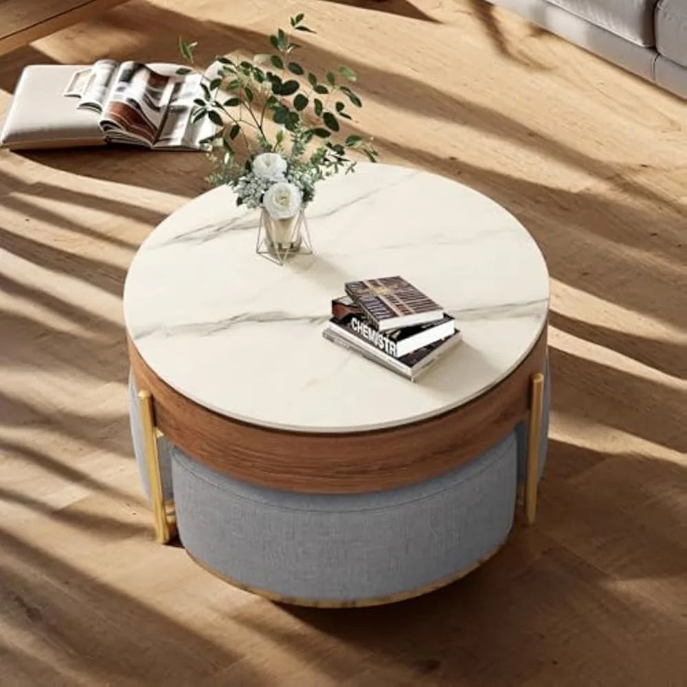 32 Inch Lift Top Coffee Table Set Round Marble Table with Storage Ottomans