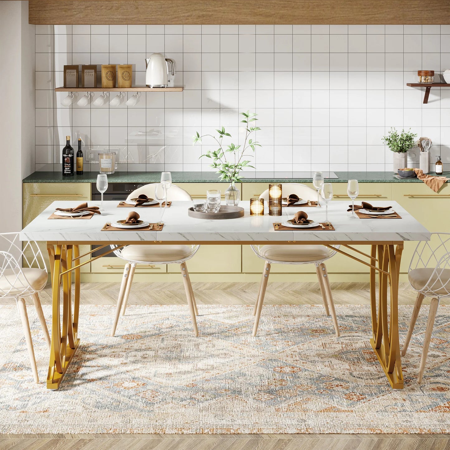 Ljustra 63 Inch Dining Table Rectangular Kitchen Faux Marble Modern Design