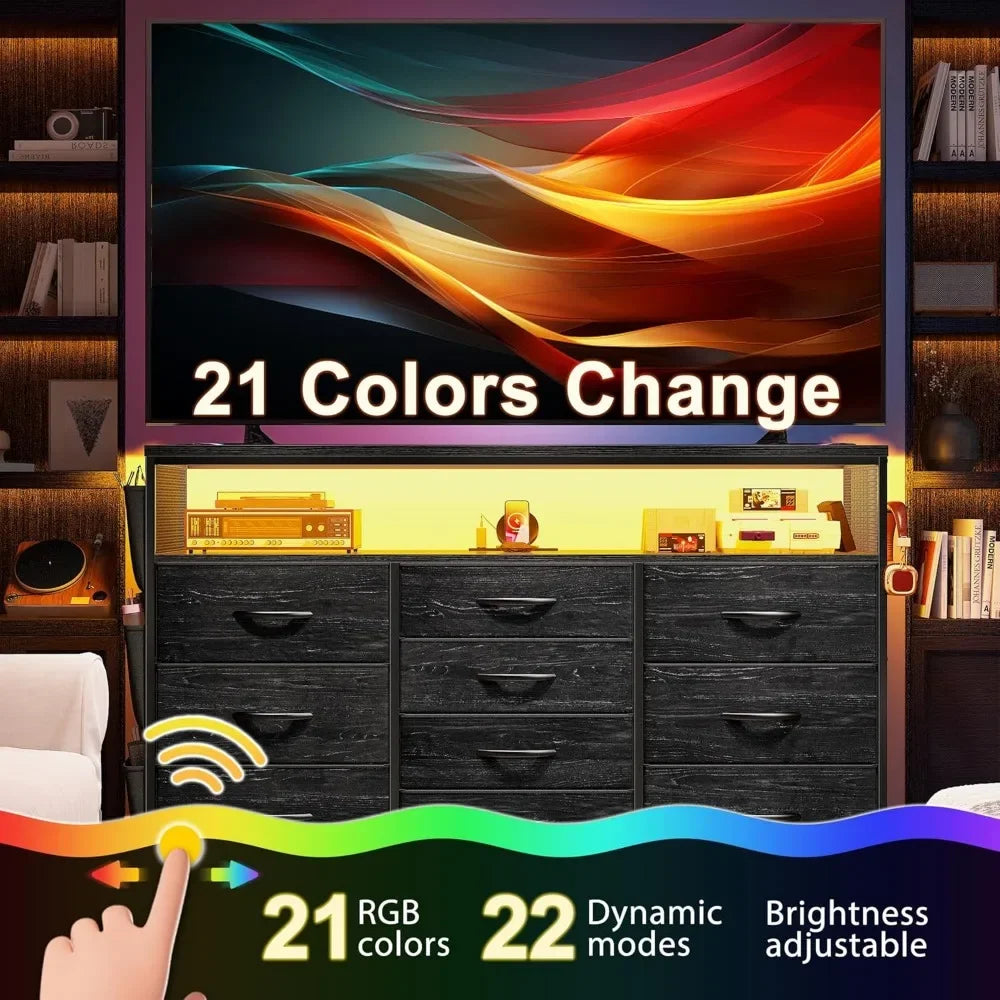 Dresser TV Stand with 10 Drawers LED Lights & Power Outlets for 55" TV
