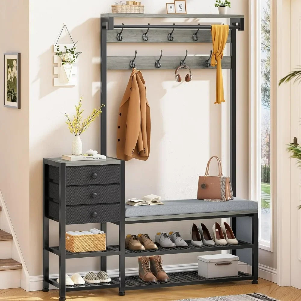 Ljustra 7-in-1 Entryway Bench Coat Rack Storage with Cushion and Drawers