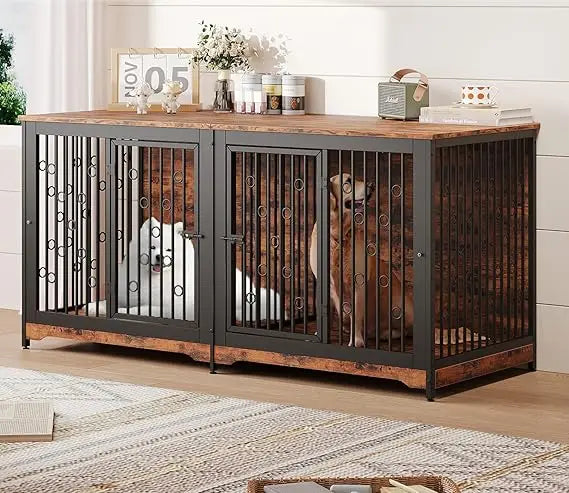 71 Inch Dog Crate Furniture for 2 Dogs XXL Wooden Dog Cage Kennel
