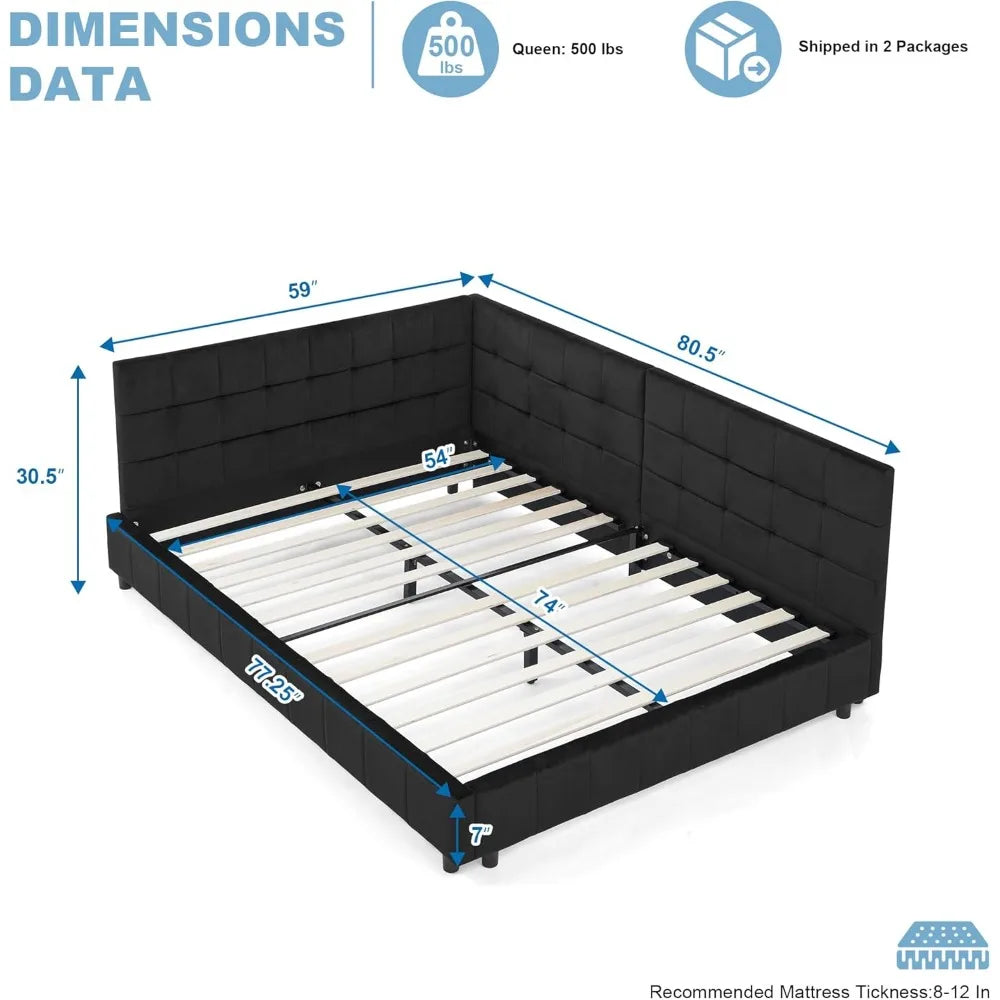 Full Size Corner Bed Frame Velvet Tufted L Shaped Daybed Modern Sofa
