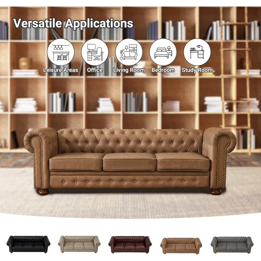 Ljustra Chesterfield Leather Sofa Mid Century Modern Couch 89 Inch
