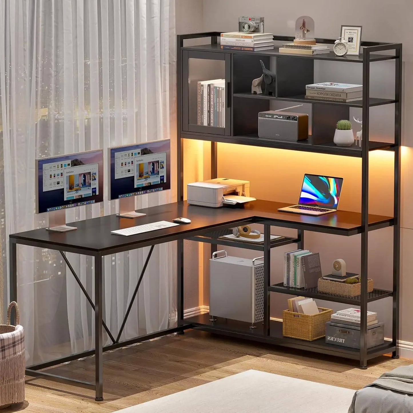 L Shaped Computer Desk with LED Light and Bookshelf for Home Office