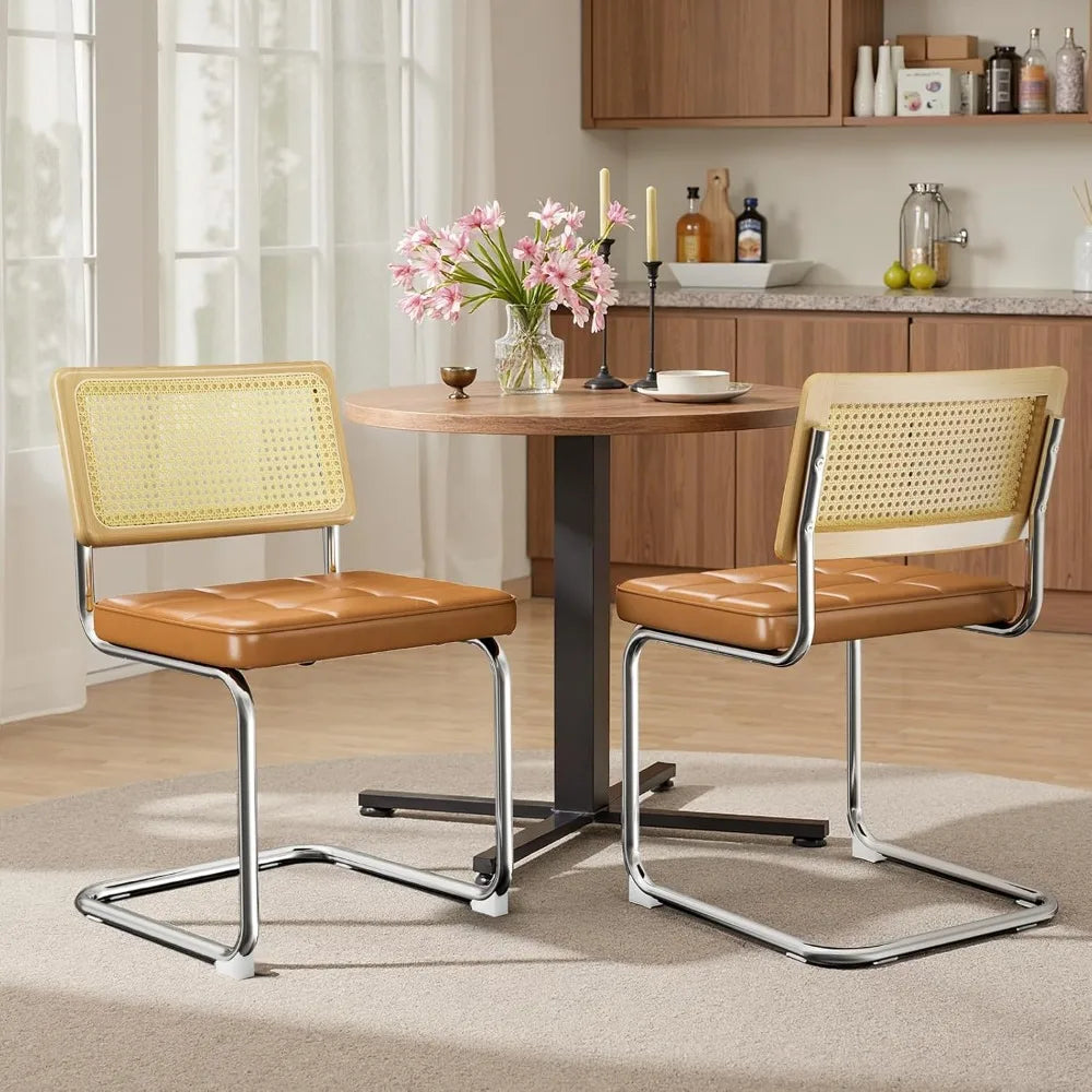 Modern Dining Chairs Set of 4 Faux Leather Cane Back Metal Legs Rattan