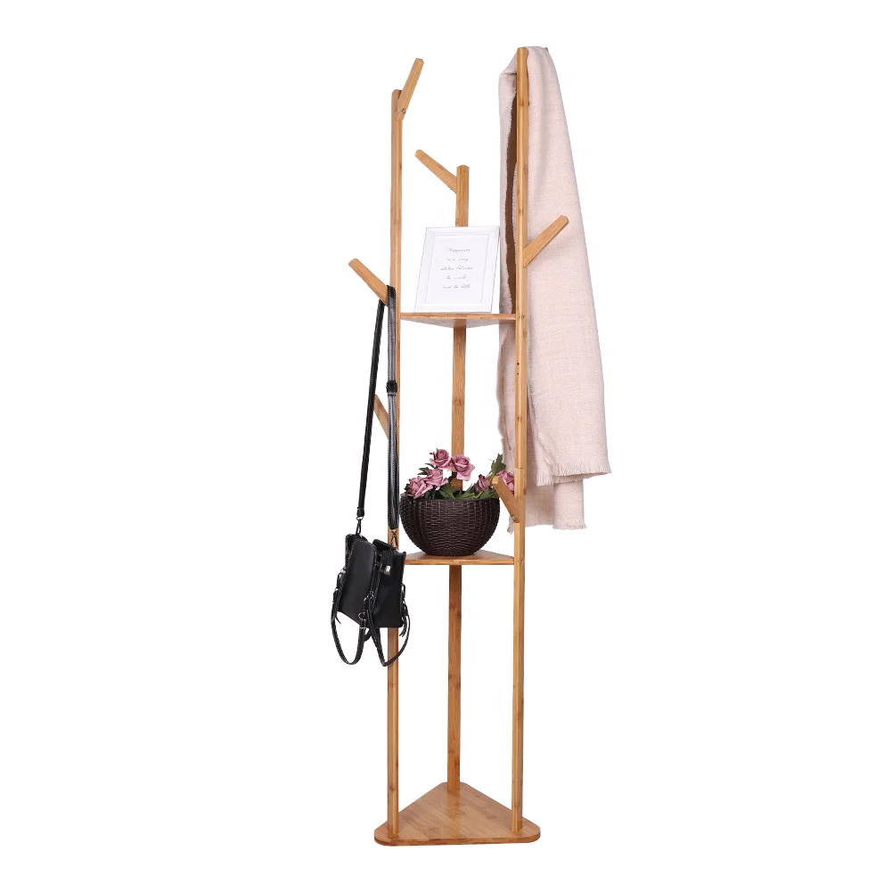 Bamboo Coat Rack Tree with 9 Hooks and 3-Layer Shelf Stand for Home