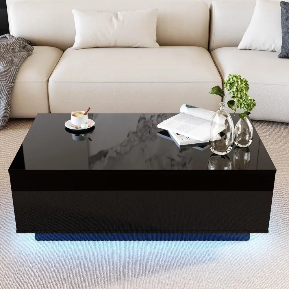 41 Inch LED Coffee Table with Drawers Modern High Gloss Living Room