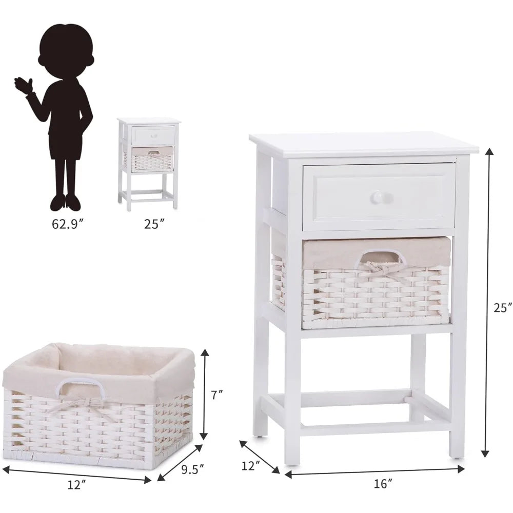 Set of 2 Nightstands with Wicker Baskets Fully Assembled Bedside Tables