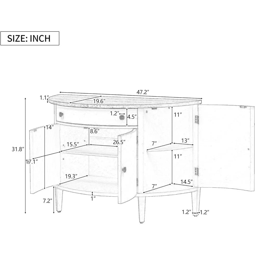 Curved Storage Cabinet 4 Doors 1 Drawer Wooden Sideboard Buffet Organizer