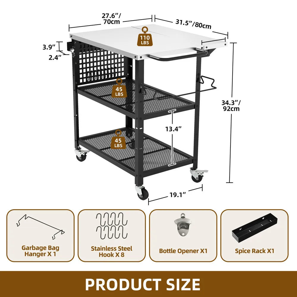 Outdoor Grill Cart Pizza Oven Table with Adjustable Shelf and Wheels