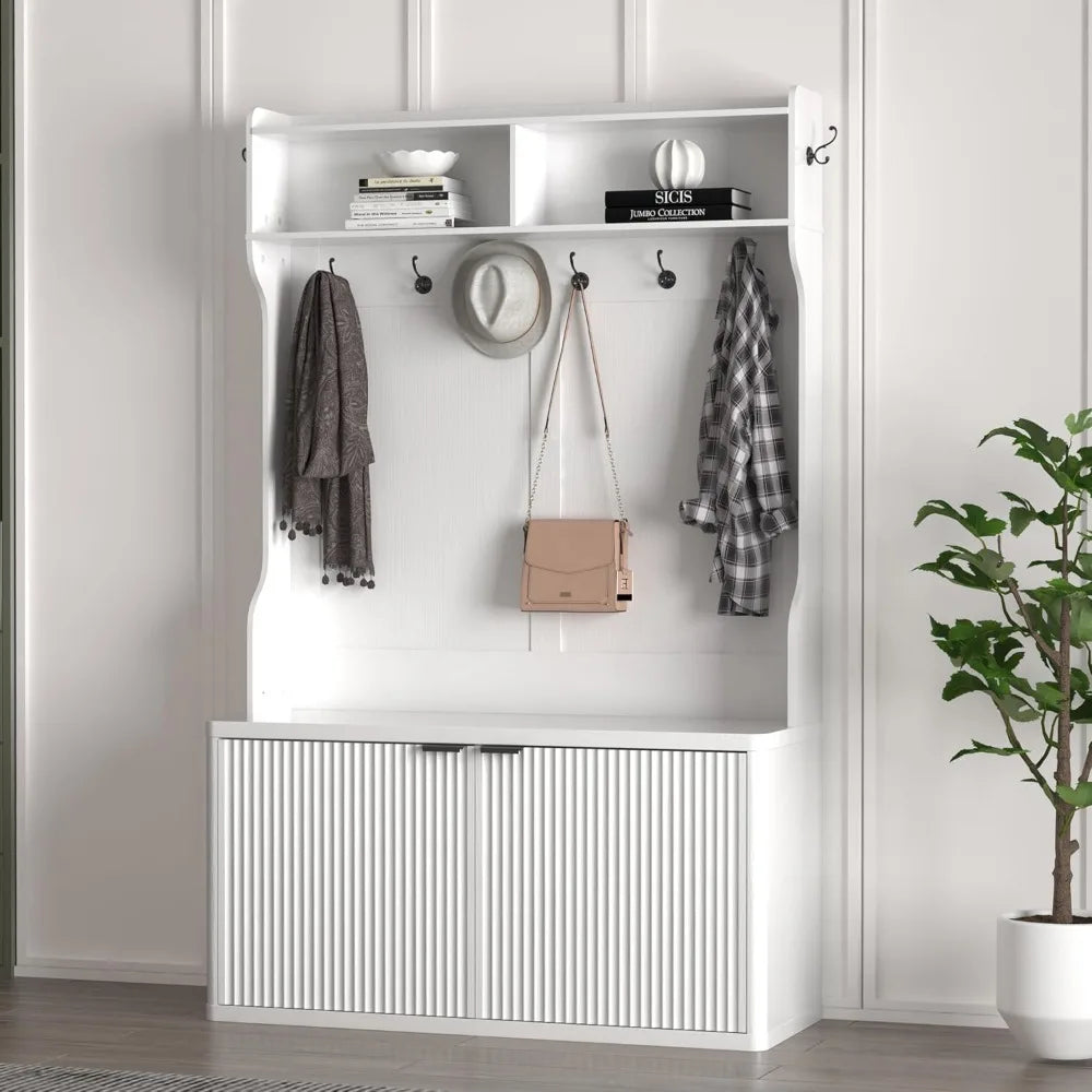 Modern Fluted Entryway Coat Rack Bench Shoe Storage Cabinet 42.5"