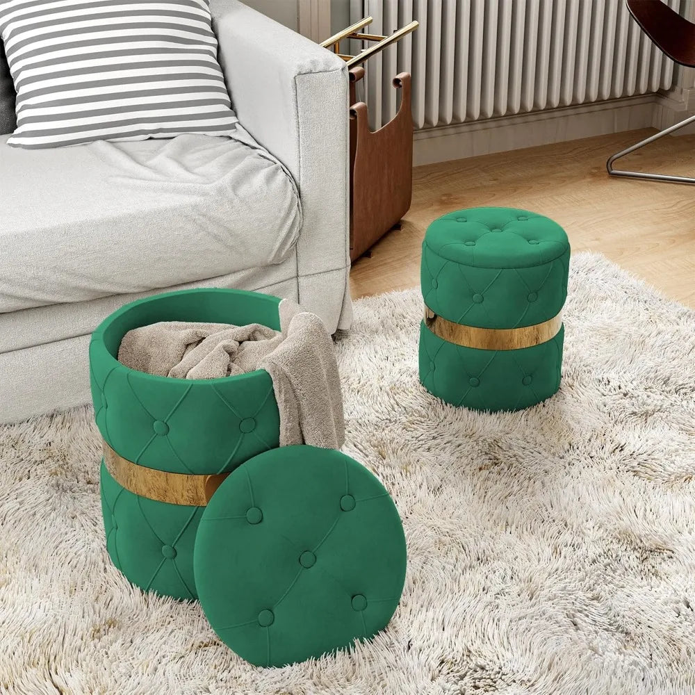 Round Storage Ottoman Set of 2 Velvet Stool Fully Assembled for Home Office
