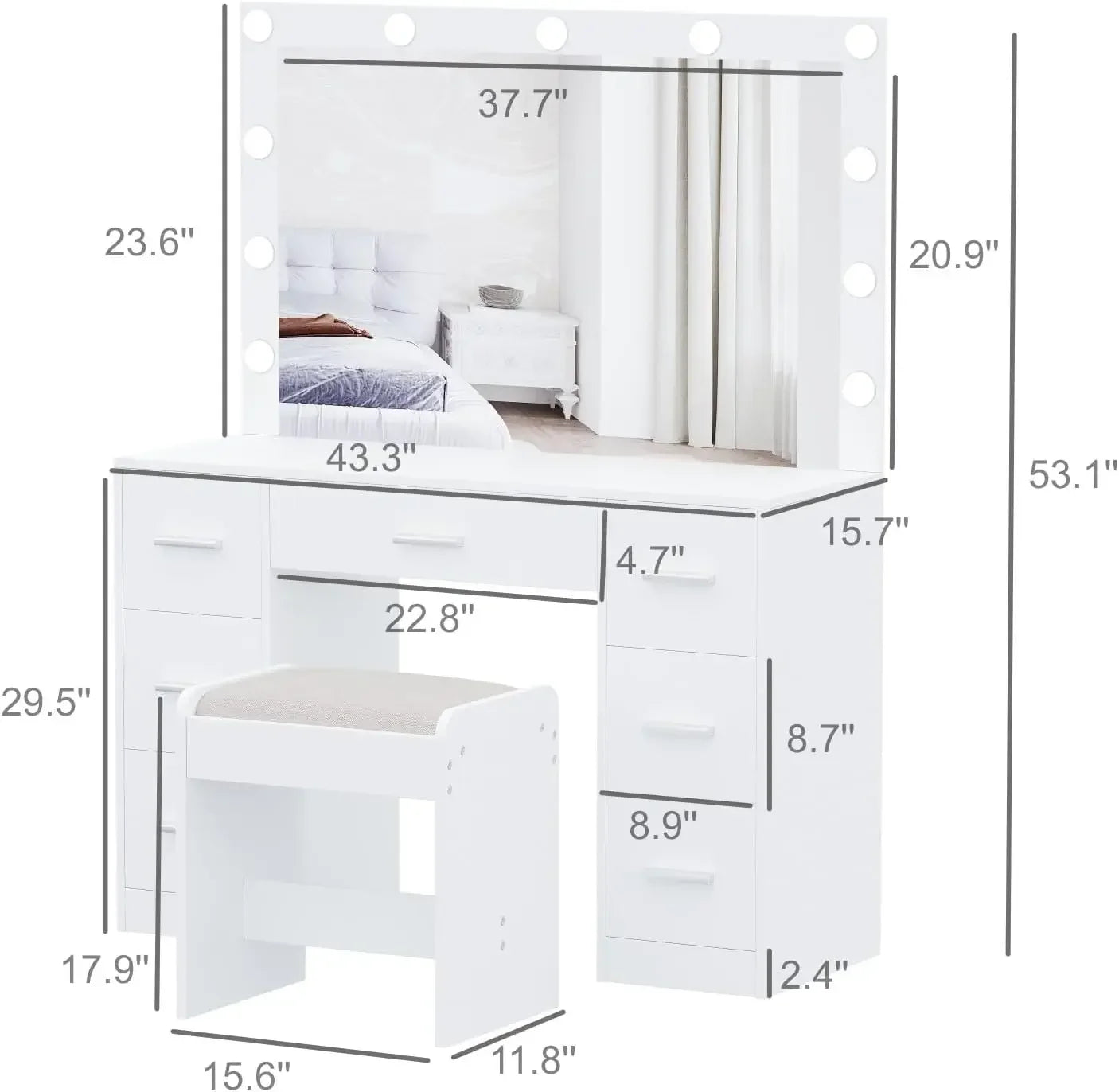 Vanity Desk with Stool Adjustable Brightness Lighted Mirror 3 Modes