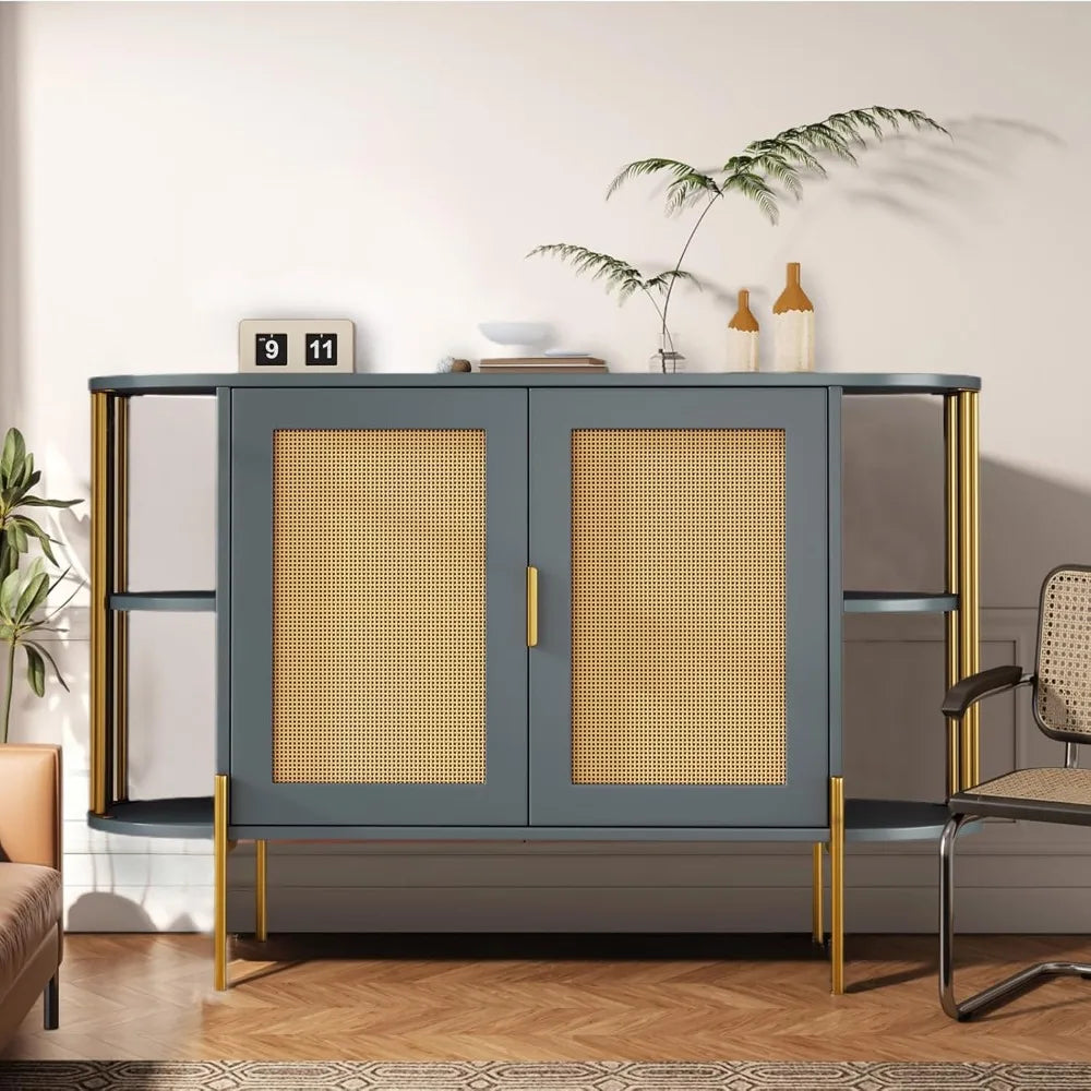 Rattan Sideboard Solid Wood Storage Buffet Console Cabinet Living Room