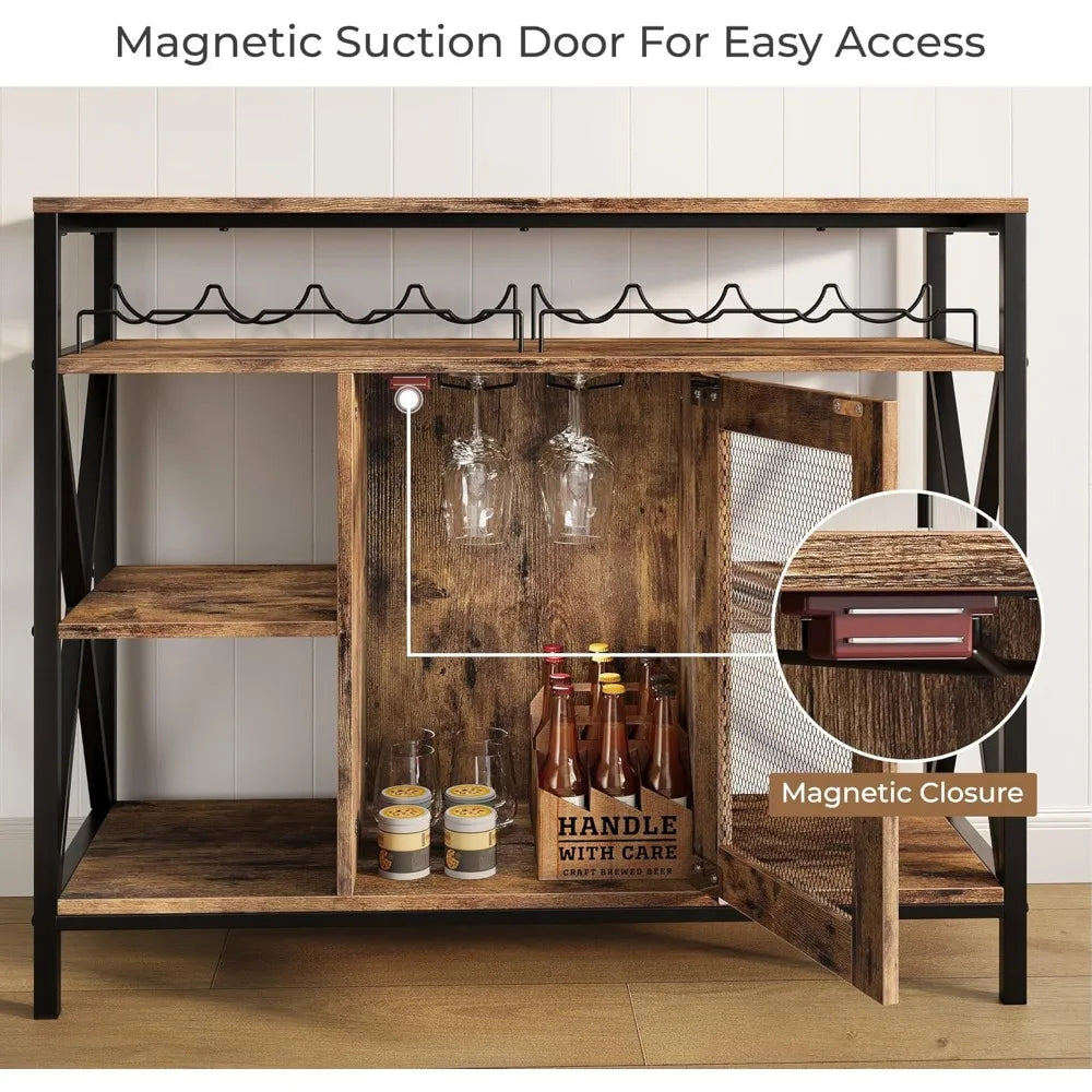 Industrial Wine Bar Cabinet Metal Wood Cart Liquor Storage Glass Holder