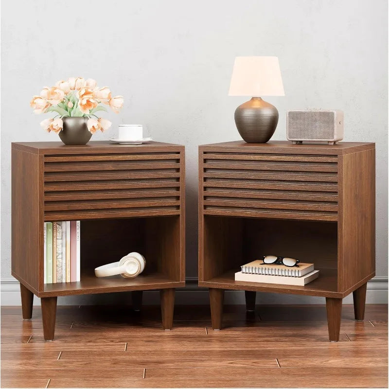 Alohappy Nightstands Set of 2 Mid Century Modern Fluted Bedside Tables