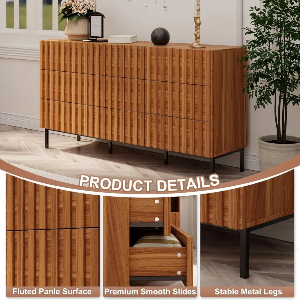 Fluted Dresser 59" Wide 9 Drawer Mid Century Modern Wood Chest