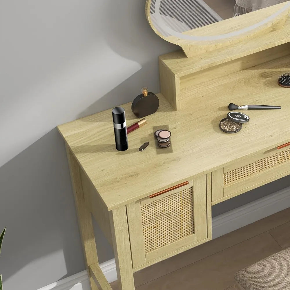 Rattan Vanity Desk with Mirror and Lights 47 Inch Boho Makeup Table