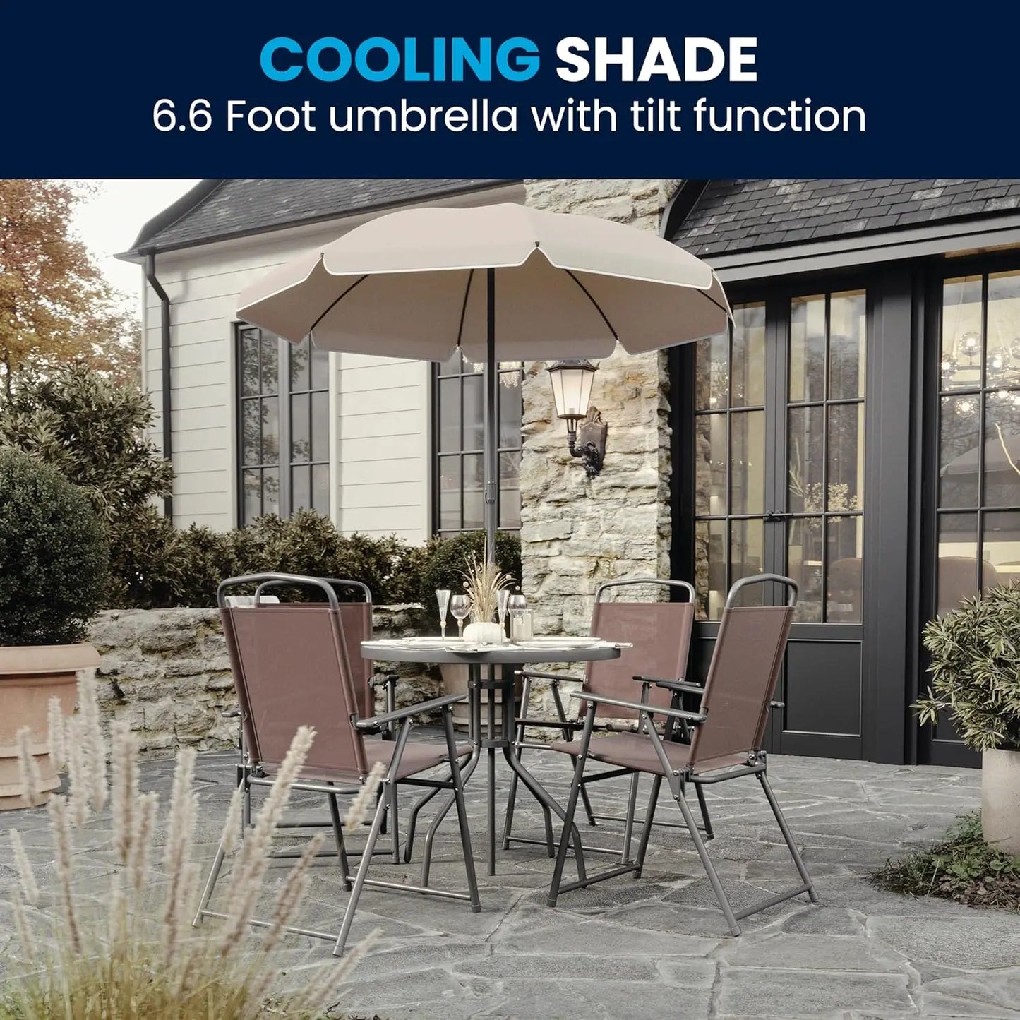 Nantucket 6 Piece Patio Dining Set with Glass Table Umbrella Chairs