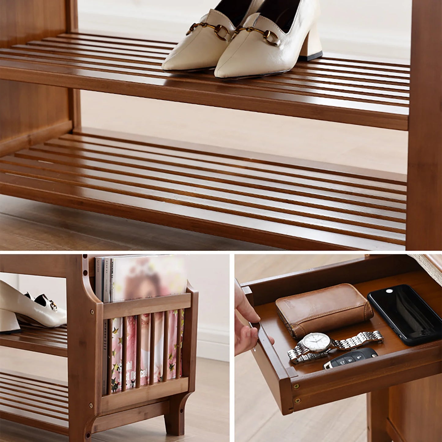 2-Tier Bamboo Shoe Bench with Removable Cushion Storage Organizer