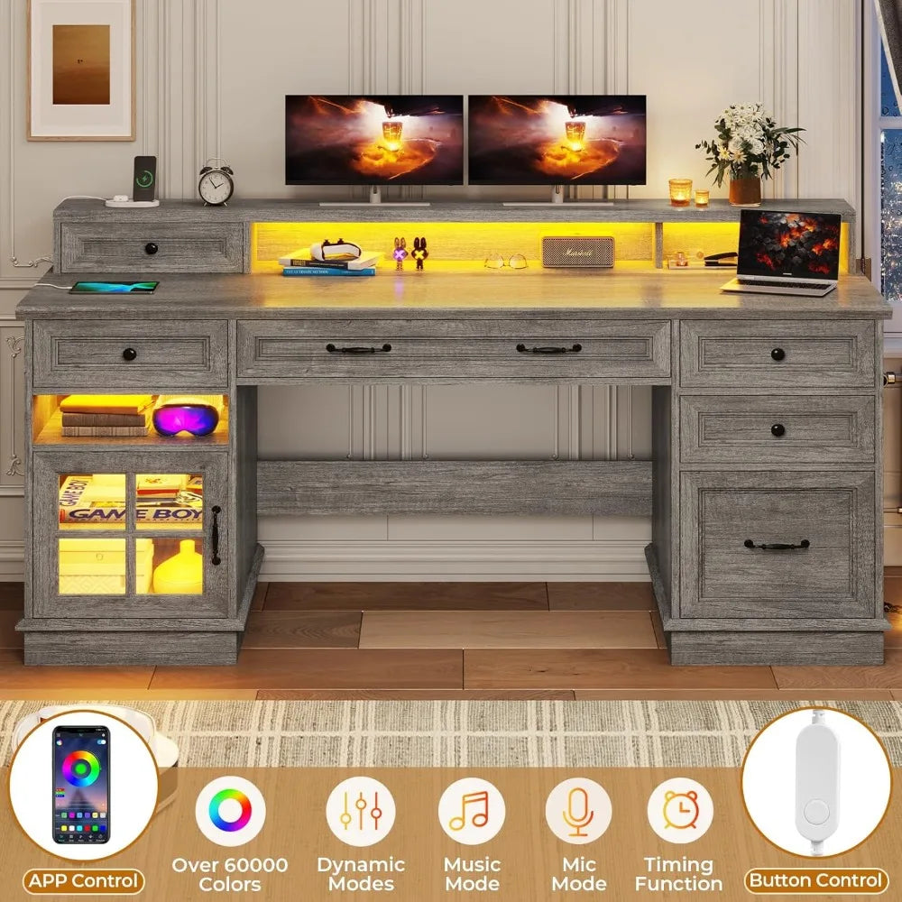 Farmhouse Executive Desk with Charging Station and LED Lights