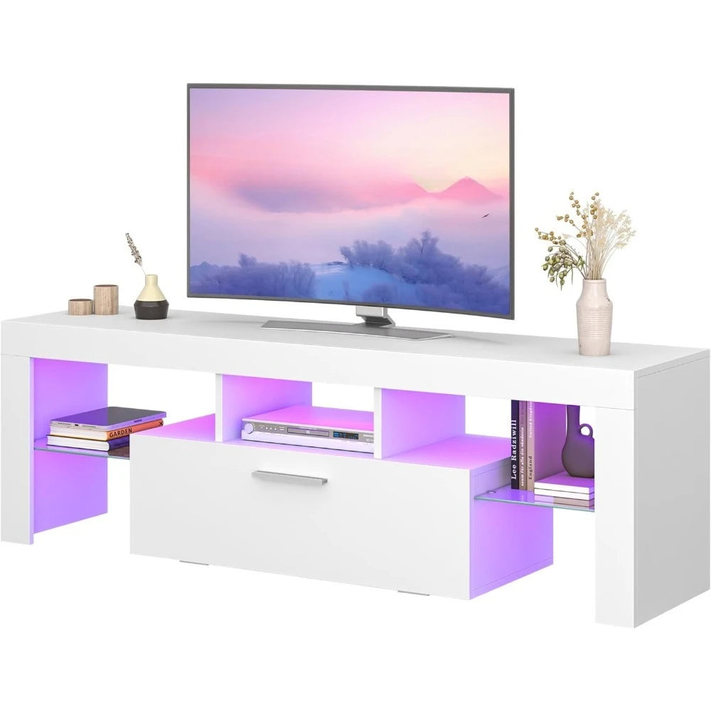 Modern White LED TV Stand with Large Storage Drawer for Living Room