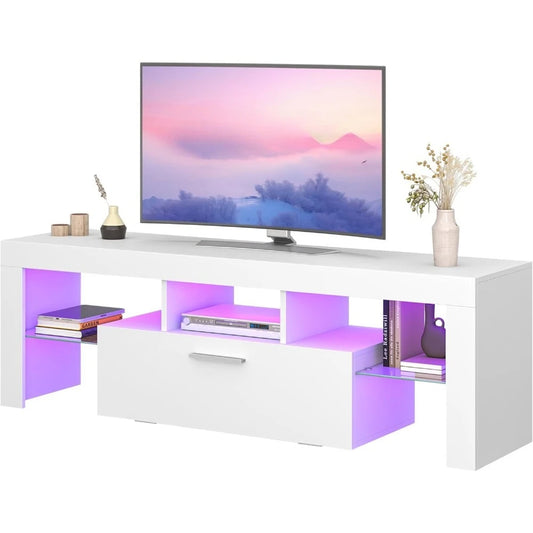 Modern White LED TV Stand with Large Storage Drawer for Living Room