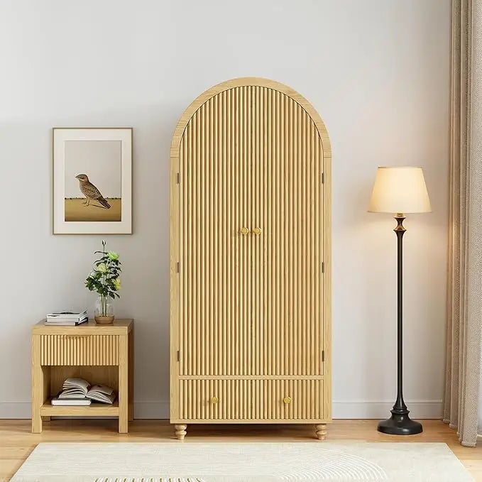 Mid-Century Arched Wooden Wardrobe Freestanding Closet Organizer