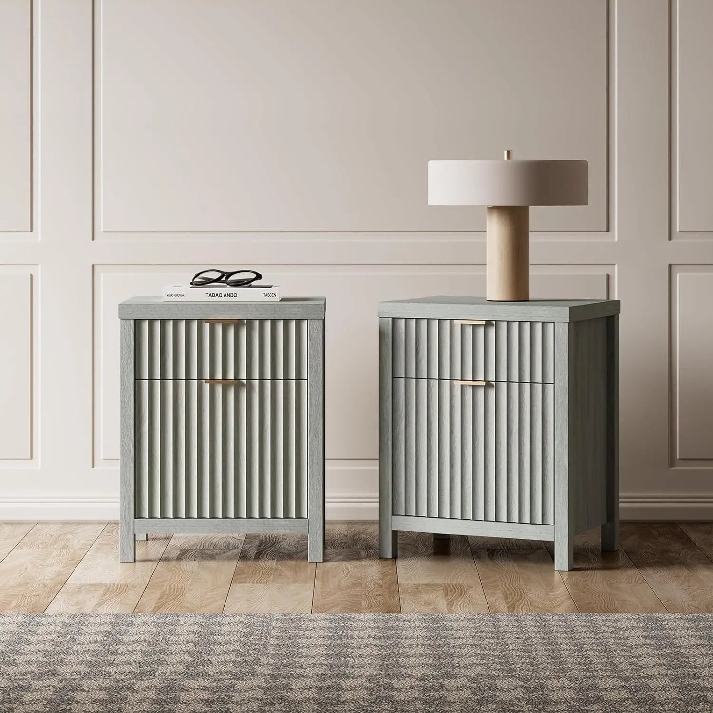 Nightstand Set of 2 Fluted Modern End Tables with Charging Station