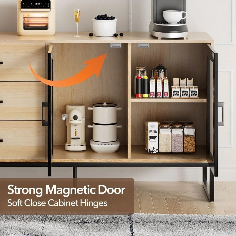 Buffet Cabinet Storage Modern Sideboard Coffee Bar Solid Wood Glass Doors