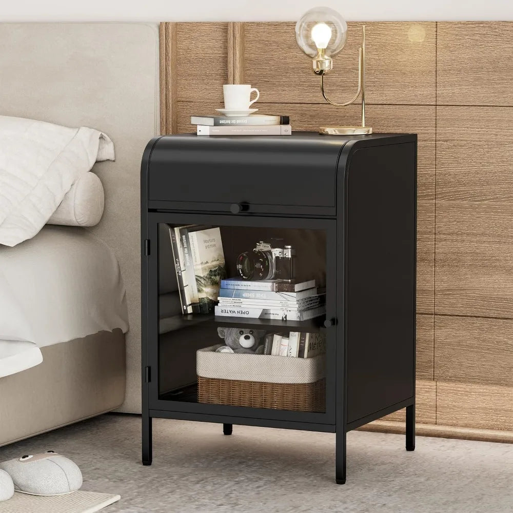 Metal Nightstand Set of 2 Modern Side Table Flip-Top Storage Glass Door