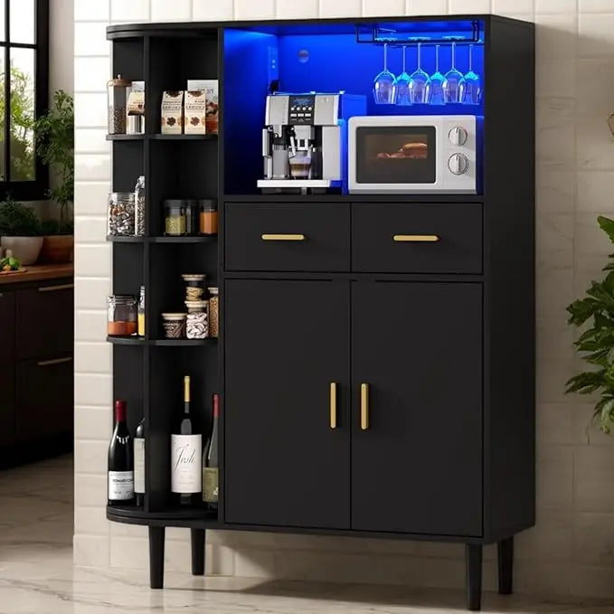 Kitchen Pantry Storage Cabinet with Charging Station LED Lights Wine Rack