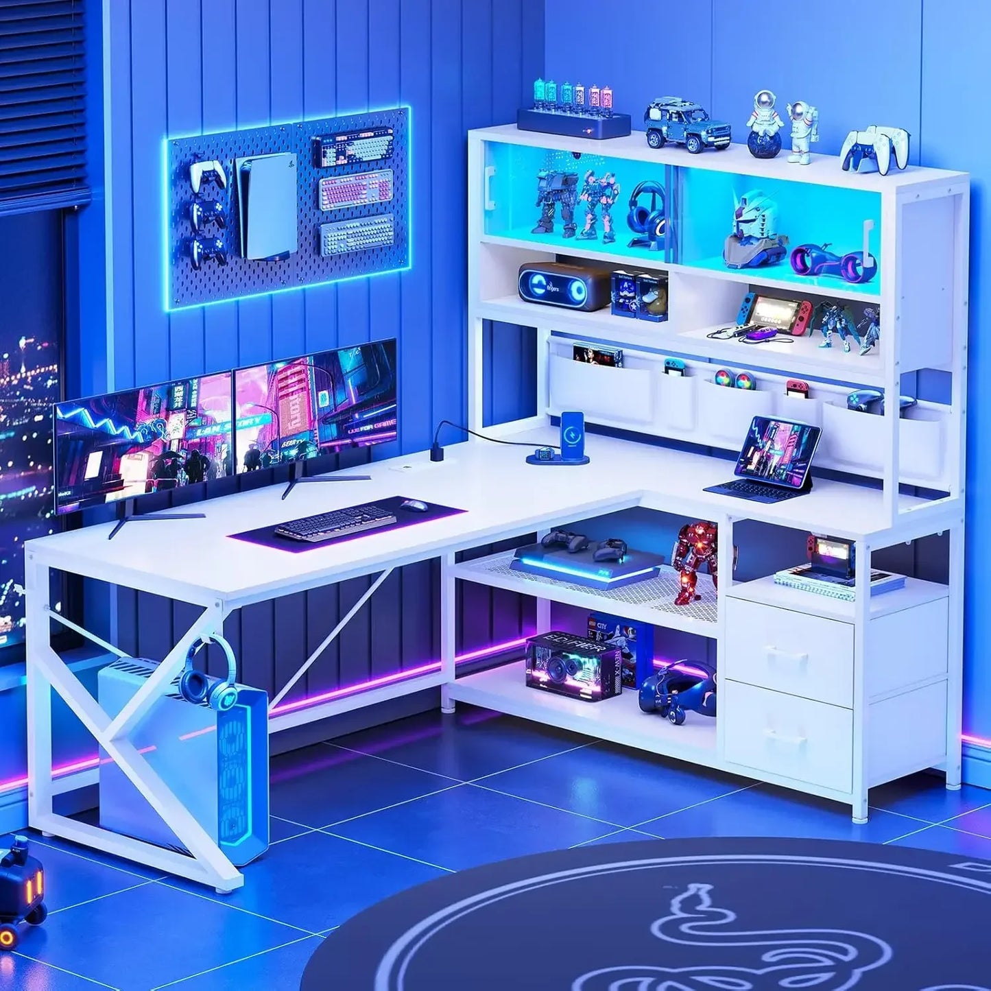 L Shaped Gaming Desk with LED Light and Storage for Home Office