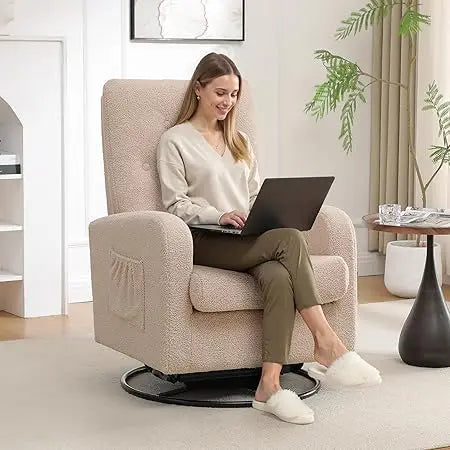 Swivel Rocking Chair Nursery Glider Upholstered Linen Armchair Indoor